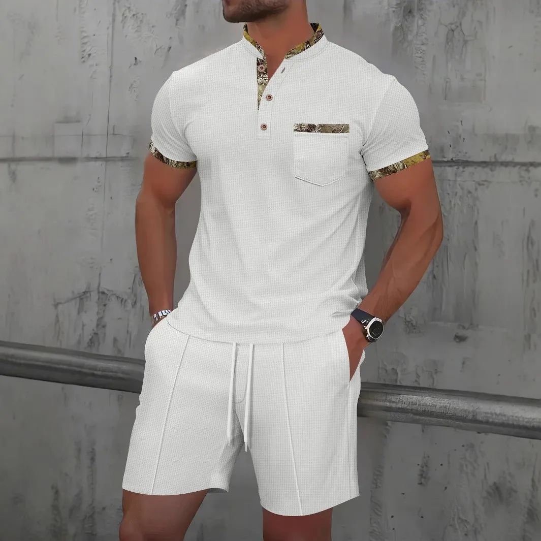 Summer Waffle Solid Color Casual Loose Collar Polo Shirt Set European and American Men Short Sleeved Shorts Casual Set