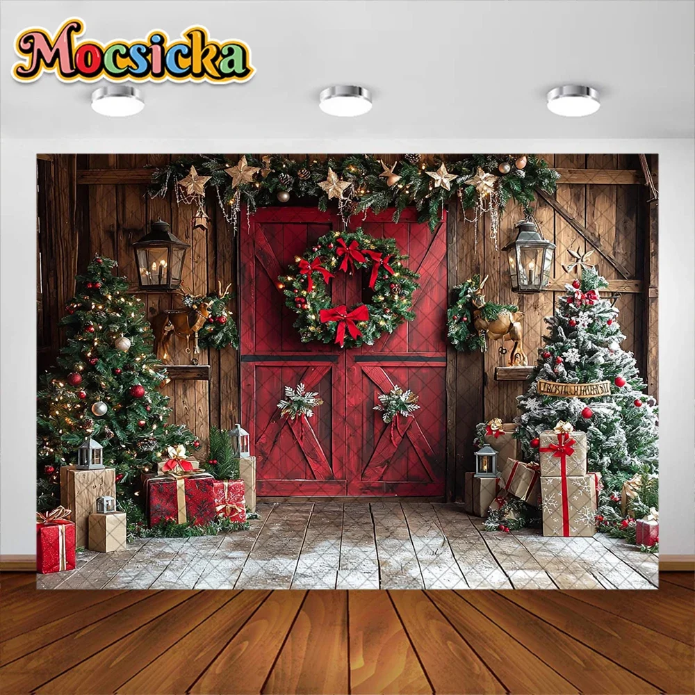 Mocsicka-クリスマスナイトライトガーランド写真の背景、木製のドアの装飾、ポートレート写真の背景、スタジオの小道具、男の子、女の子