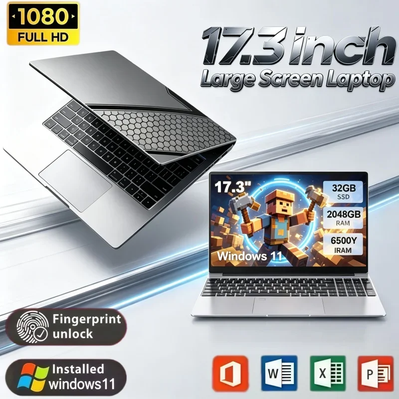 17.3 Inch Wide Screen Notebook Intel 6500Y Windows 11 32GB RAM 2TB SSD Fingerprint Unlock Computer For Business Office Home Use