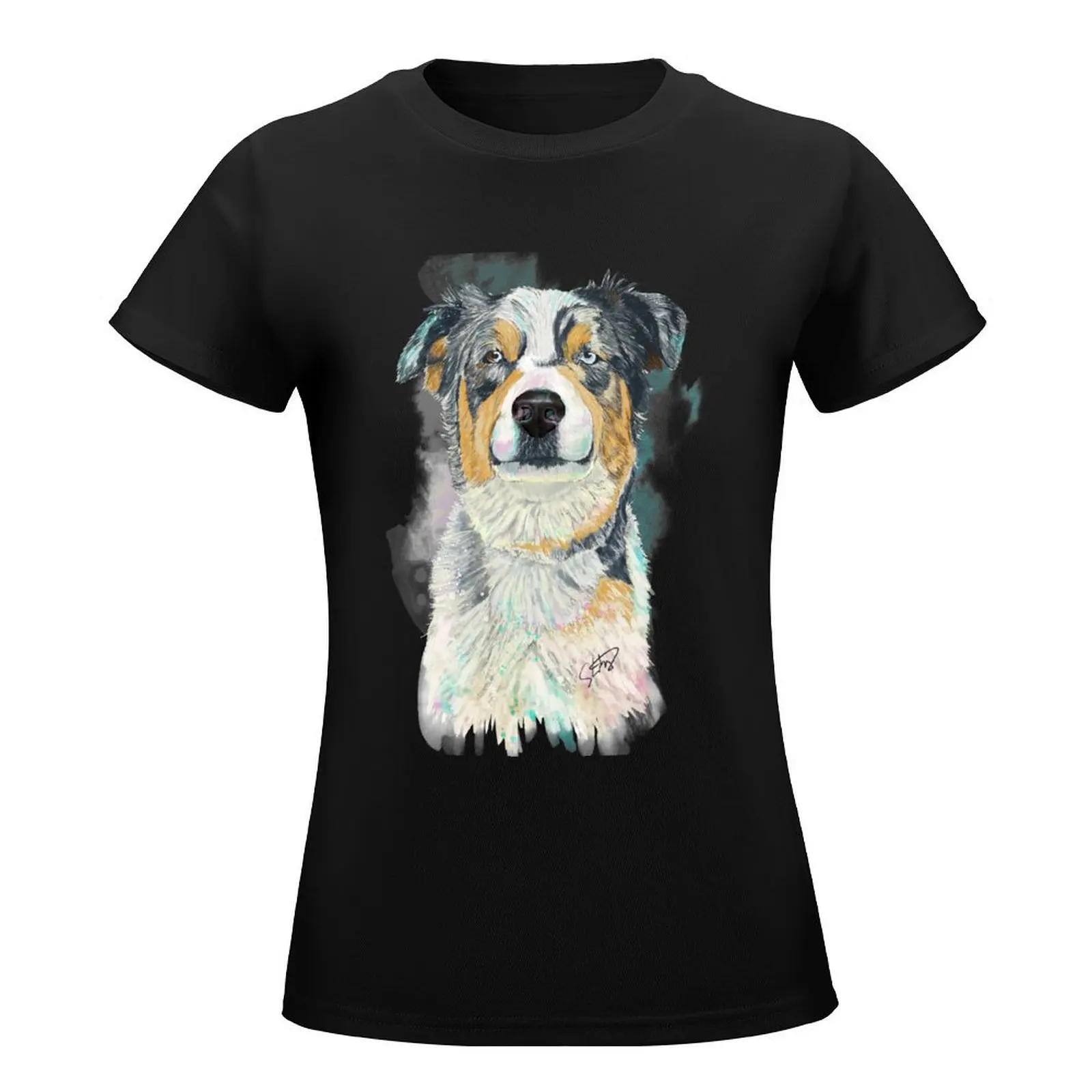 Swinney the Australian Shepherd Splash Watercolor T-Shirt summer clothes graphics white t-shirts for Women