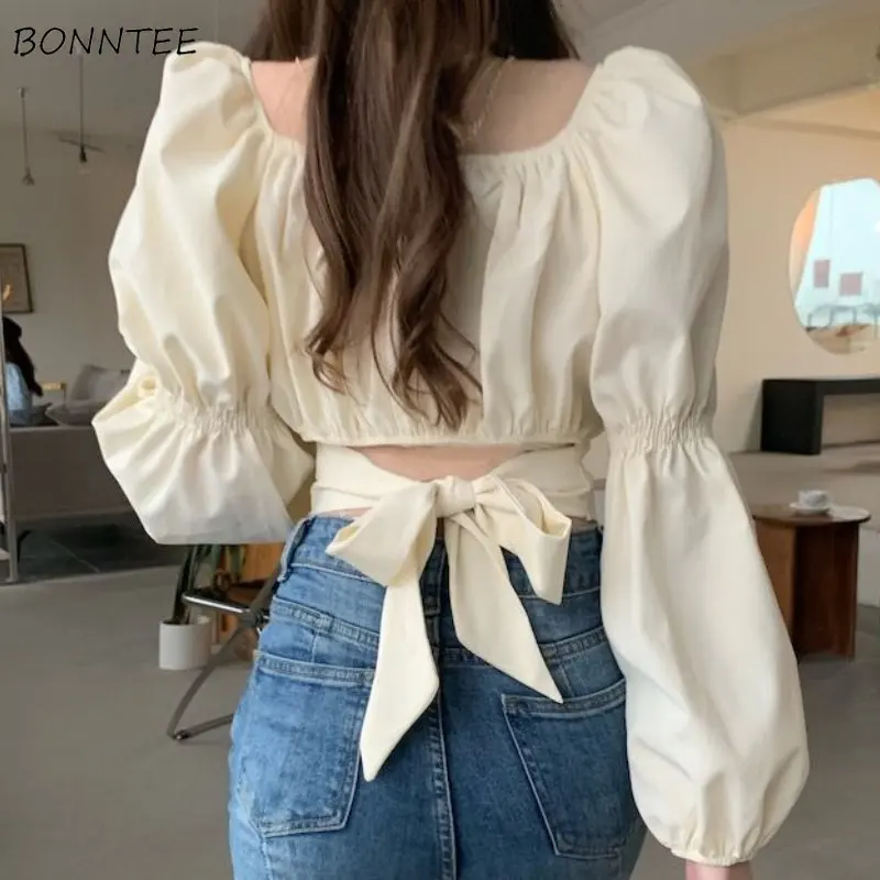 Puff Sleeve Blouses Women Solid Bandage Ulzzang Square Collar Crop Tops Simple Cozy Spring Sweet Casual All-match Students Chic