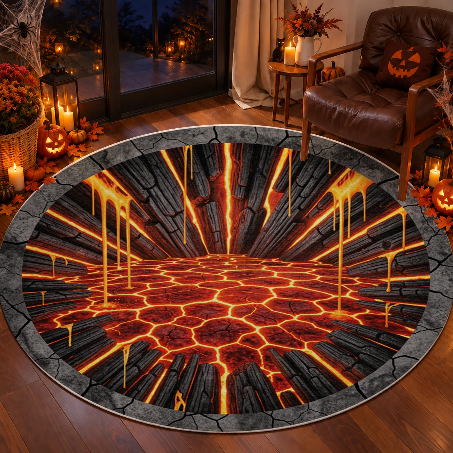 Lava Cracked 3D Pattern Round Velvet Rug, Machine Washable, Suitable for Living Room, Bedroom, Office, Entryway Floor Decor, Ideal for Halloween, Thanksgiving, Black Friday, Christmas, New Year Home Decoration