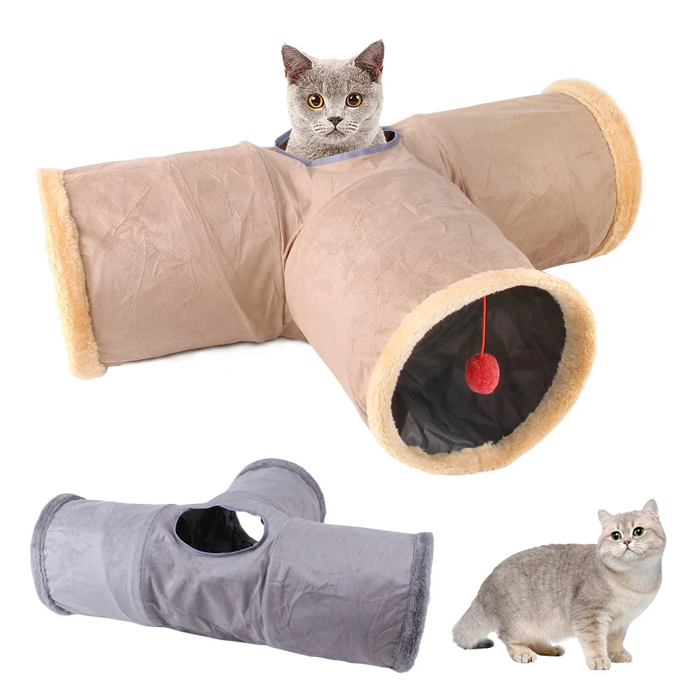 

Cat Tunnel Toy Foldable Suede Cat Interactive Play Toys with Ball and Three Hole Kitty Tunnel Pet Supplies