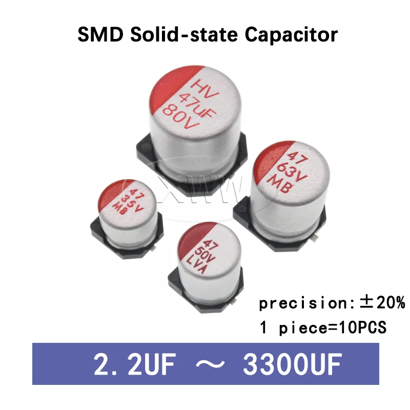 10Pcs SMD Solid Electrolytic Capacitor 6.3V 10V16V25V 35V 50V 63V100V 100UF2.2UF-270UF SMD Patch Aluminum Electrolytic Capacitor