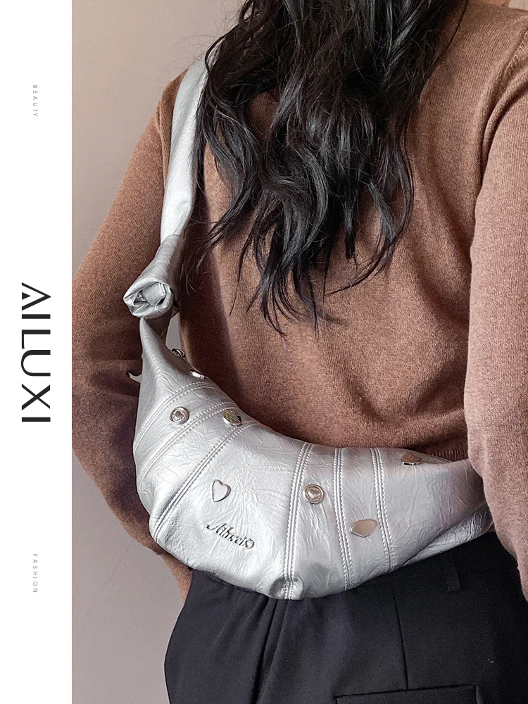 AILUXI Underarm Bag Female Niche Design Silver Cow Horn Shoulder Strap Dumplings Crossbody Leisure Multi-functional Chest Bag