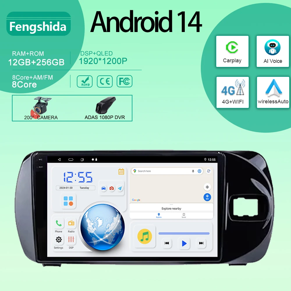 

4G Head Unit For Toyota Vitz 3 XP 130 2014 - 2019 Car Android 14 Auto Radio GPS Navigation Multimedia Player Stereo No 2din DVD
