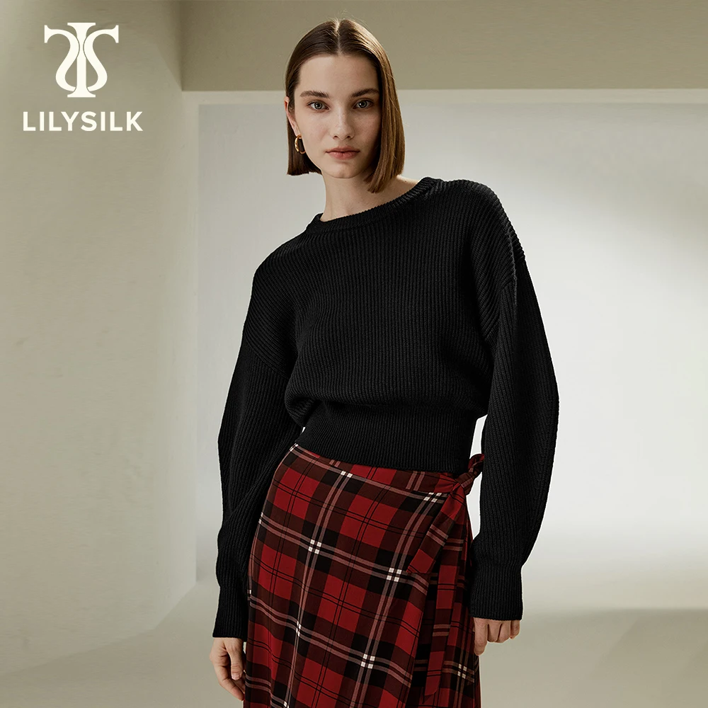 LILYSILK Wool Sweater for Women 2023 Winter Dropped Shoulders Round Neck Triangular Sleeve Casual Luxury Top Traf Free Shipping