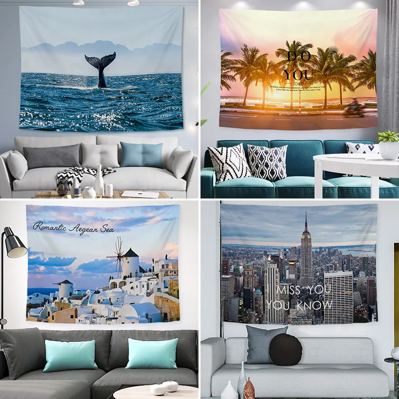 VIKAMA InS-Style Seaside Road Inspirational Text Tapestry, Bedroom Living Room Background Fabric, Wall Decoration Hanging Fabric