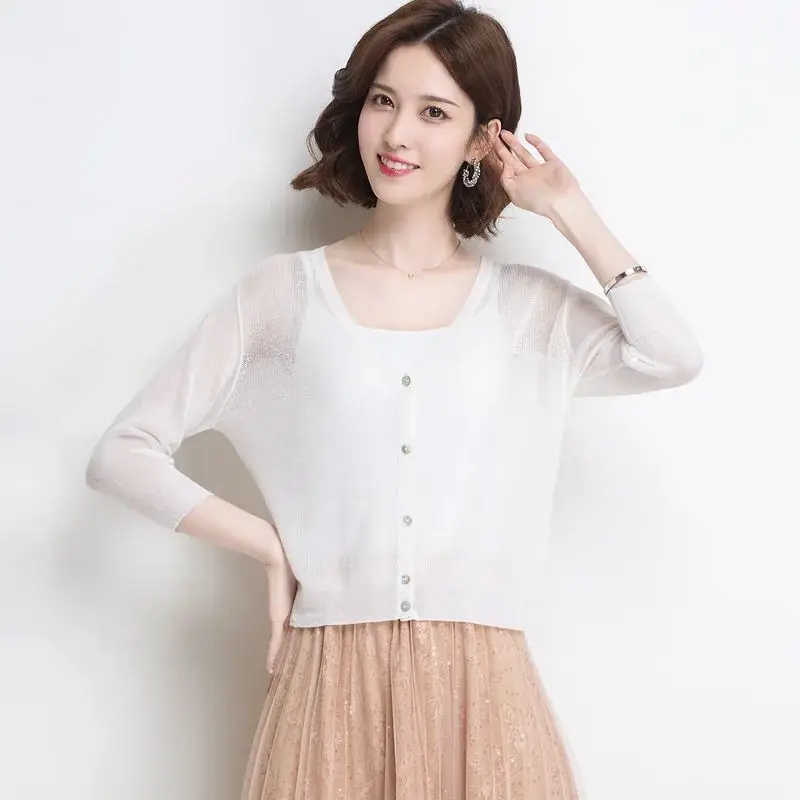 

Summer Women's Knitted irt Pure Color V-Ne Single-Breast Cleanfit Sle Polypropylene Material A-Sve Thin ort Sve