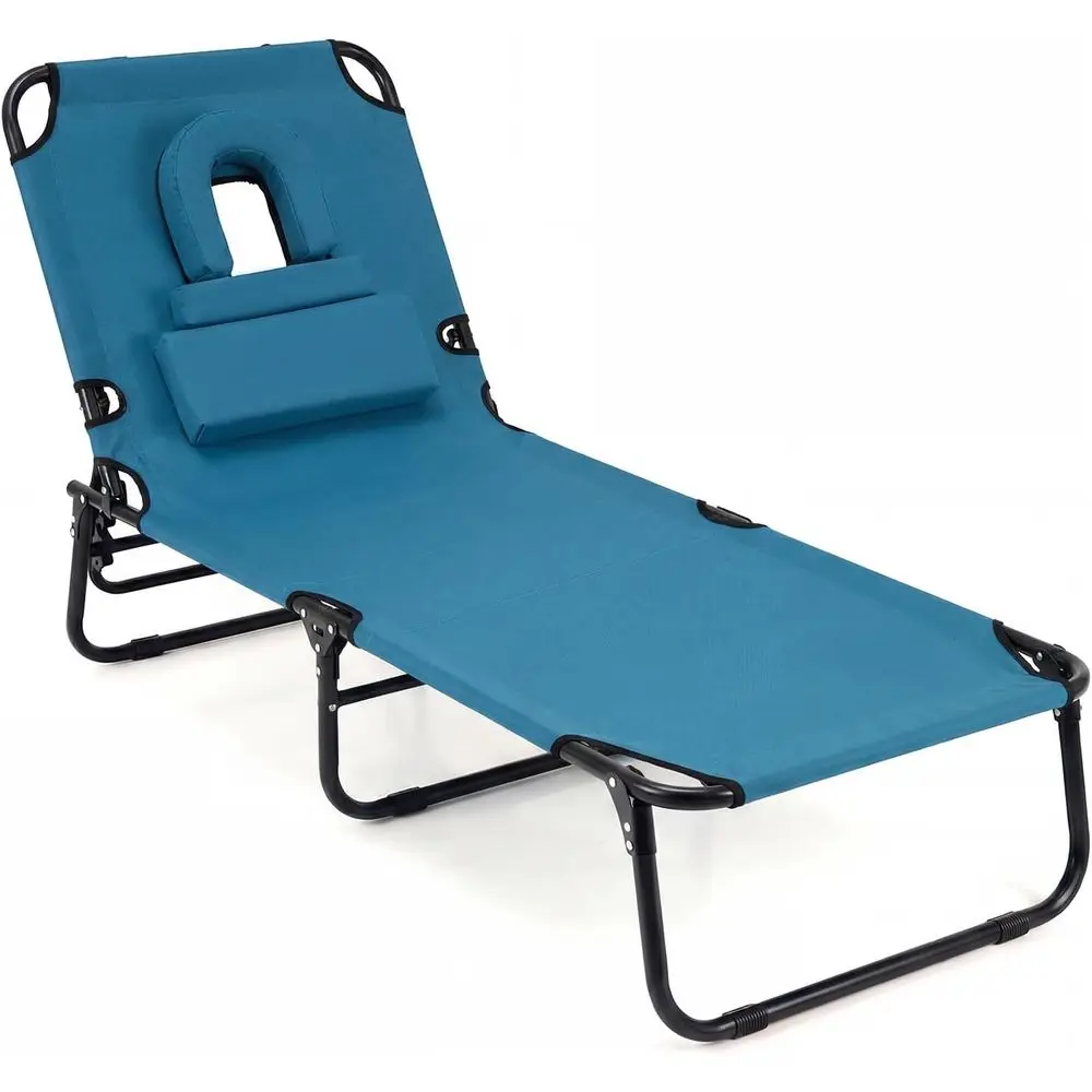 

Portable Tanning Chair with Hole, Pillows, Adjustable Backrest, Carry Bag, Ideal for Beach Lounge or Sunning, Blue