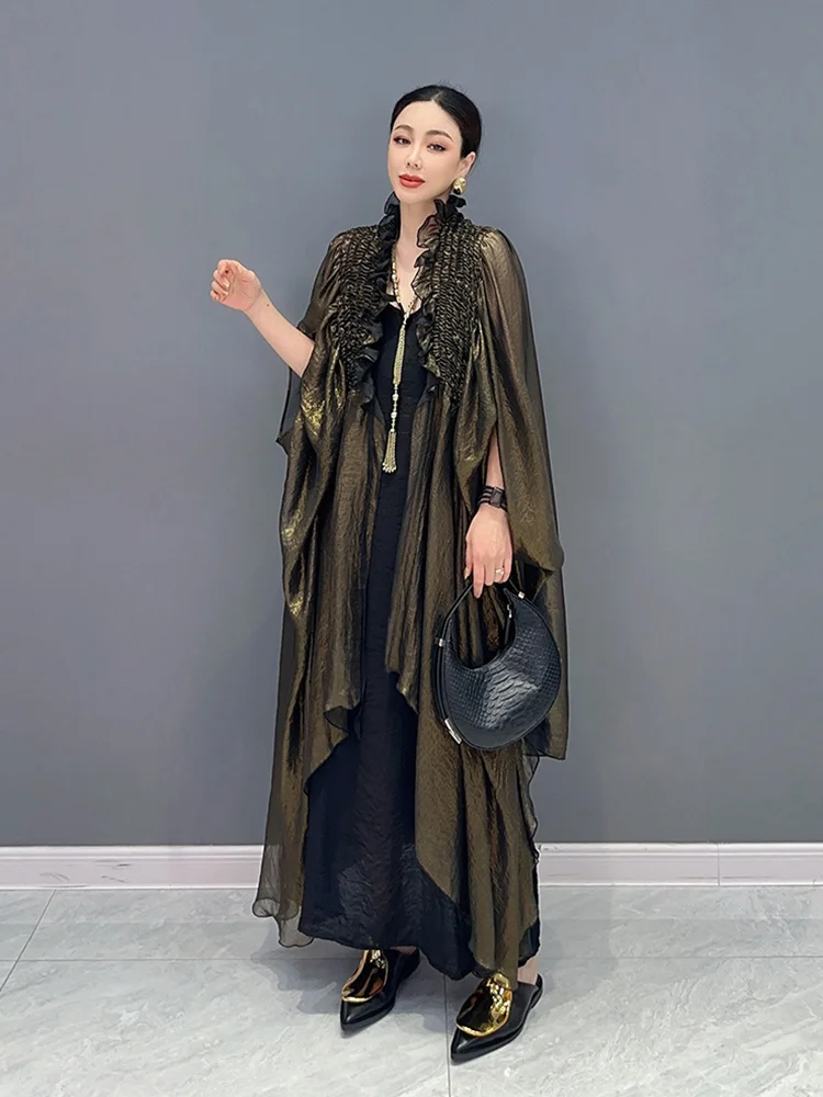 SHENGPALAE Batwing Sleeve Dress For Women Stand Collar Patchwork Folds Solid Color Loose Waist Vestido Summer 2024 New 5R4469