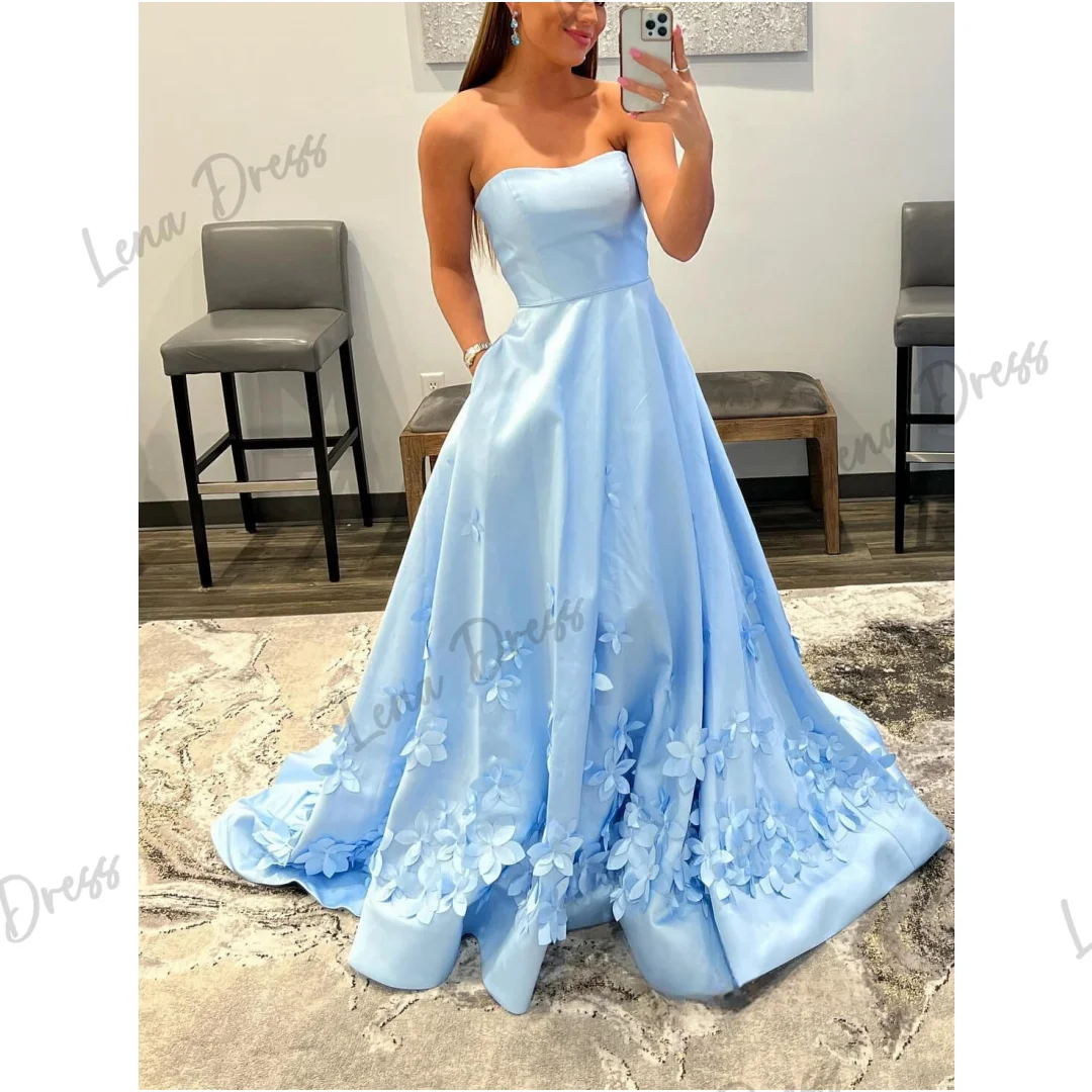 

Lena Woman Party Dress Sets Light Blue Satin Long Sleeve Dresses for Formal Occasions Line A 3D Printing Strapless Elegant Gowns