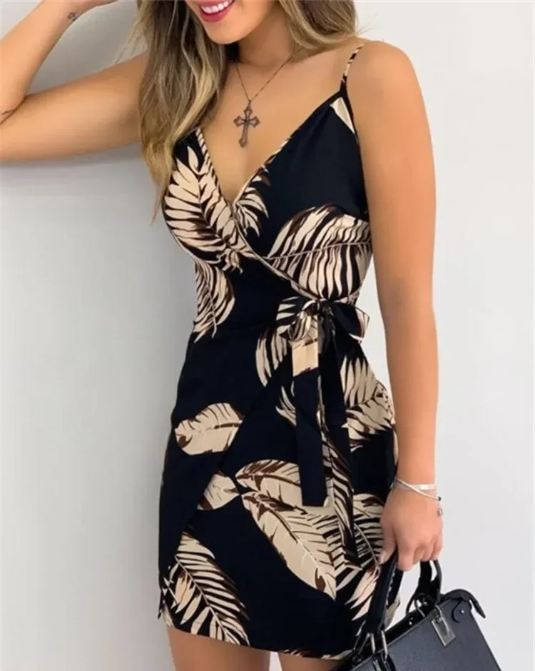 

Tropical Print V-Neck Wrap Платье для отдыха Women Sleeveless Summer Holiday Mini Dress