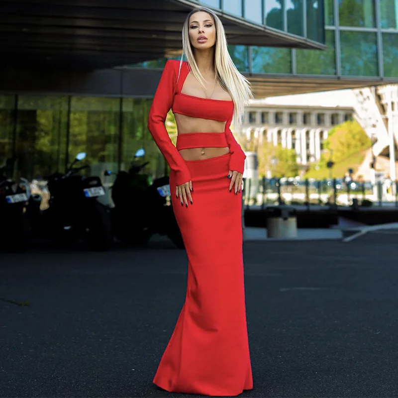 وصل حديثًا لعام 2025 للنساء2 مجموعة عصرية مثيرة ومثيرة على السرة بقصة منخفضة وقصيرة للغاية وأكمام طويلة + تنورة مجوفة بنصف طول