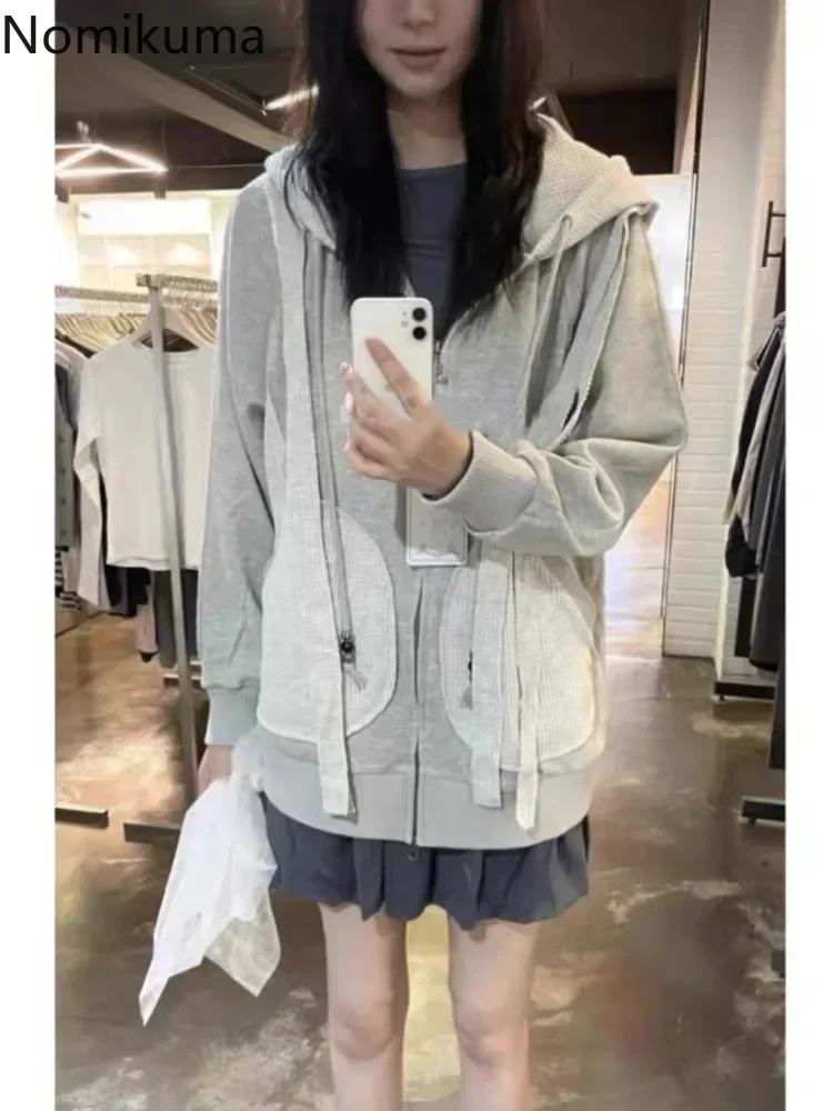 Patchwork Korean Jackets Women\'s Clothing 2024 Streetwear Casual Hooded Outwear Y2k Tops Bandage Zipper Fashion Coat Ropa Mujer