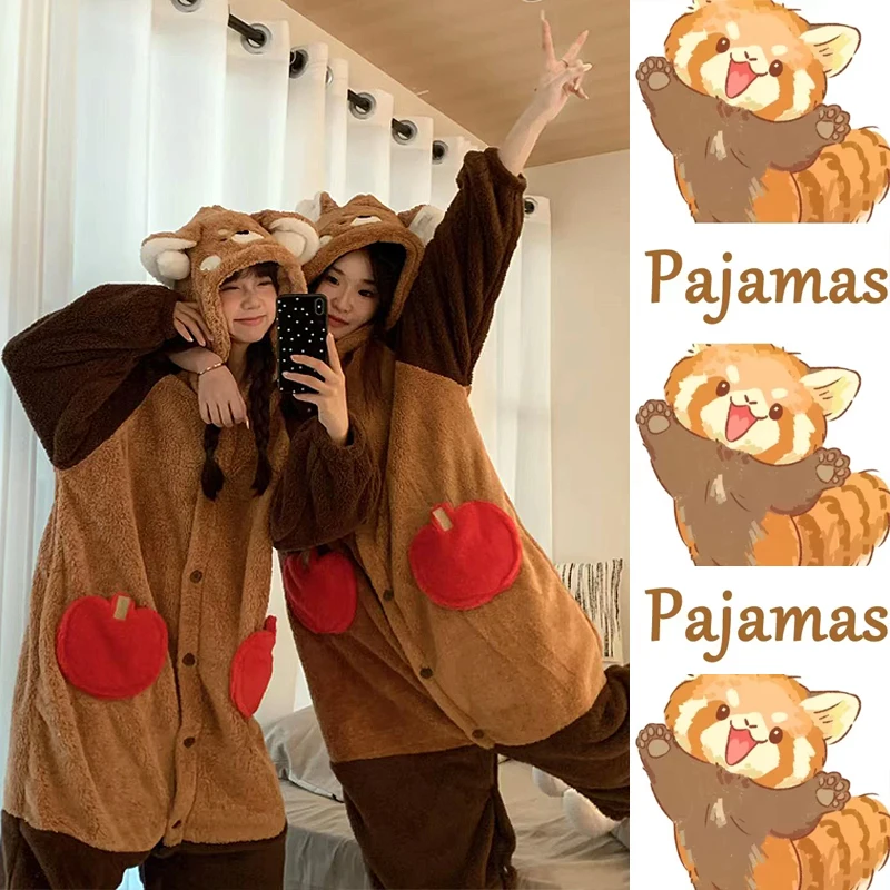 Lovely Cute Racoon Red Panda Hoodie Winter Robe Pajamas Homewear Lounge Clothing Warm Fluffy Bathrobe Christmas Sleepwear Women