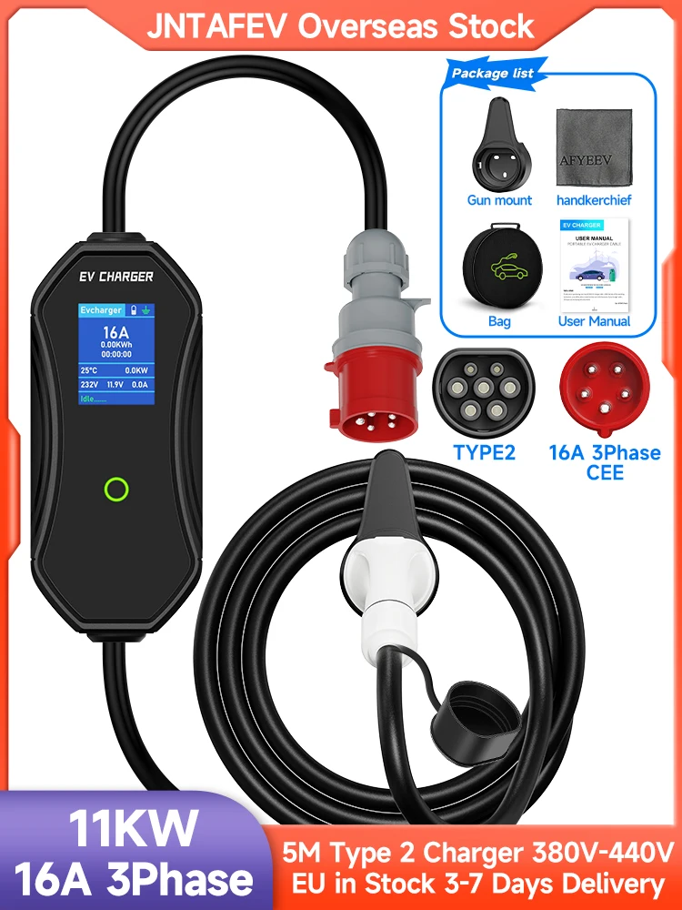 JNTAFEV 11kW Typ 2 EV-Ladegerät 16A 3-Phasen Schnellladegerät mit WLAN-App-Steuerung EVSE-Ladebox CEE-Stecker Fahrzeugzubehör