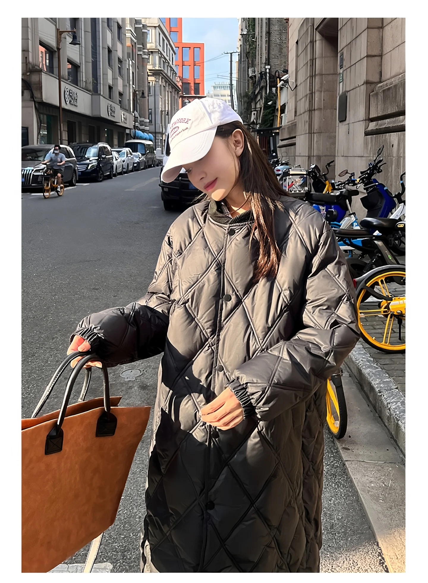 Women's Autumn and Winter New Diamond-Patterned Long Lightweight down Cotton Jacket, British Style Mid-Length Cotton Coat, Korean Style Hooded Faux Two-Piece Warm Jacket
