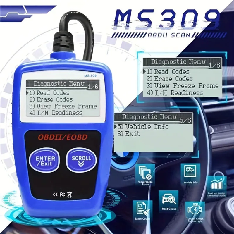 MS309CarCodeReader, car code reader, OBD2 diagnostic tool, fault light, vehicle tools, smart instrument panel