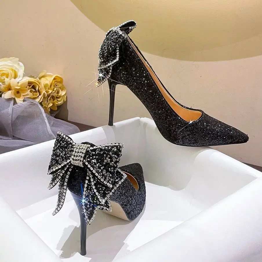 Woman Pumps Thin Heels Rhinestone Wedding Bride Shoe with Crystals High Shoes for Women Diamond on Heeled Bow Spring Vacation A