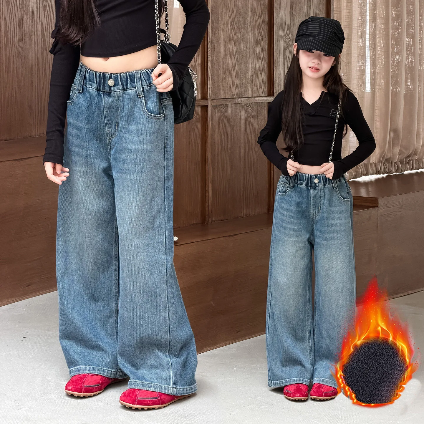 Girls Winter Thermal Jeans Loose Straight Embossed Design Fleece Lined Retro Blue Denim Child Trouser for Tweens