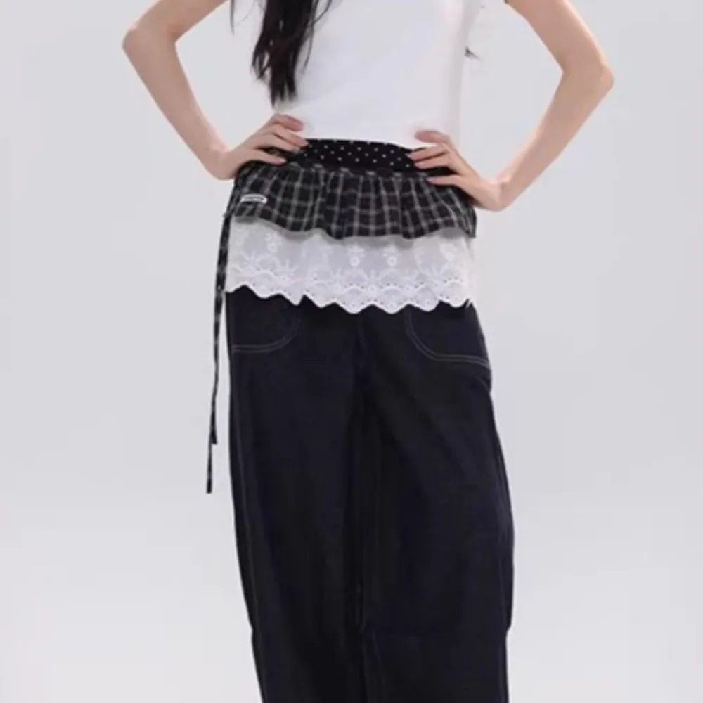 バレエコアチェック柄ファートカーテン韓国風レースアップフリルショートスカート重ね着パストラルスタイルバットカーテンジーンズ装飾