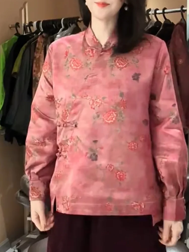 

New Chinese Sle Floral Print irt with Button Design Faionable plus Size Slimming Top for Women Autumn Season Casual Wear