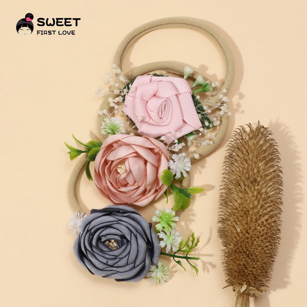 New Verisimilitude Floral Flowers With Leaf Stretchy Skinny Soft Nylon Headband for Children Baby Girl Hair Accessories Items