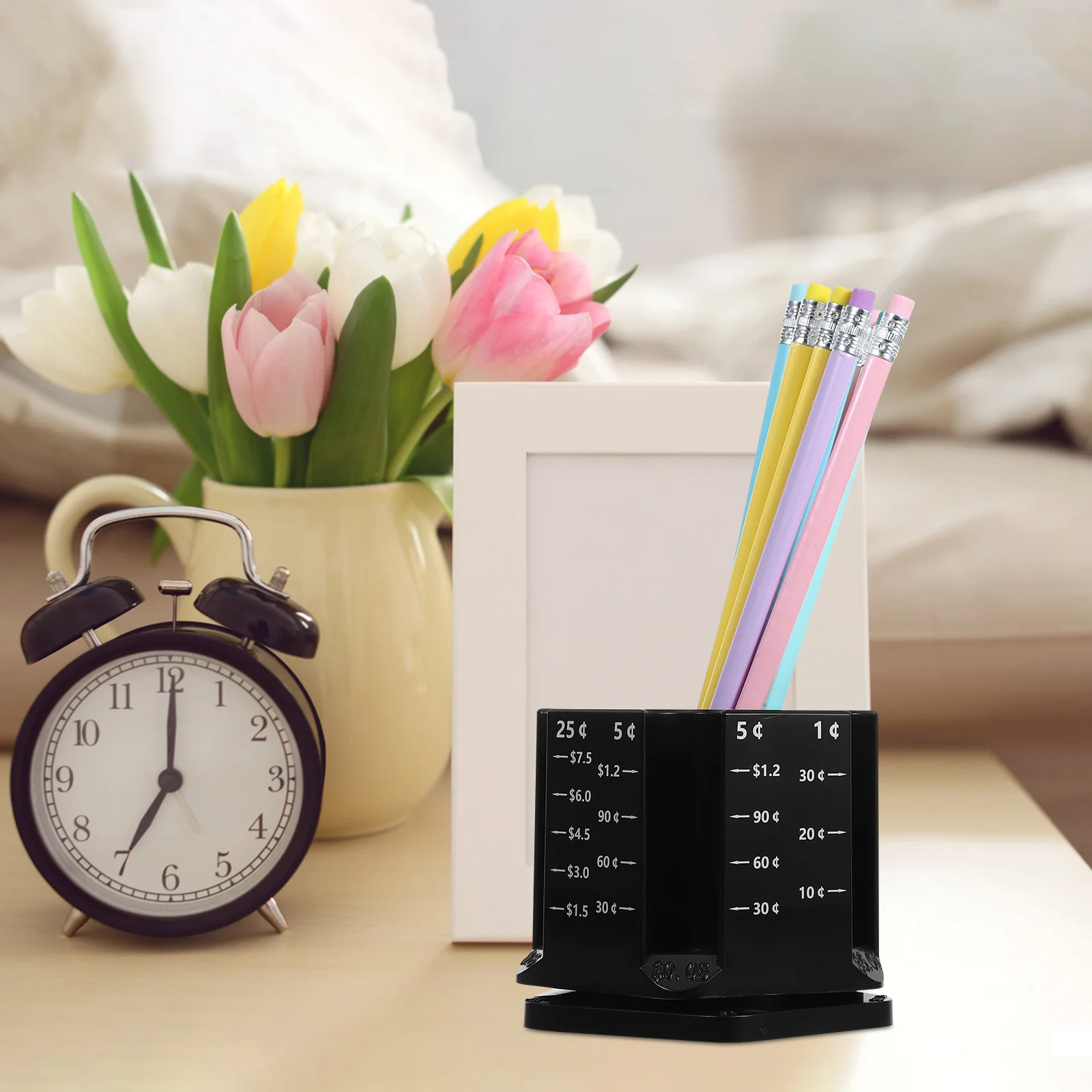 

Pen Holder with Rotatable Coin Organizer Large Capacity Storage Bucket for Stationery Makeup Brushes Nail Pens Office Home Decor