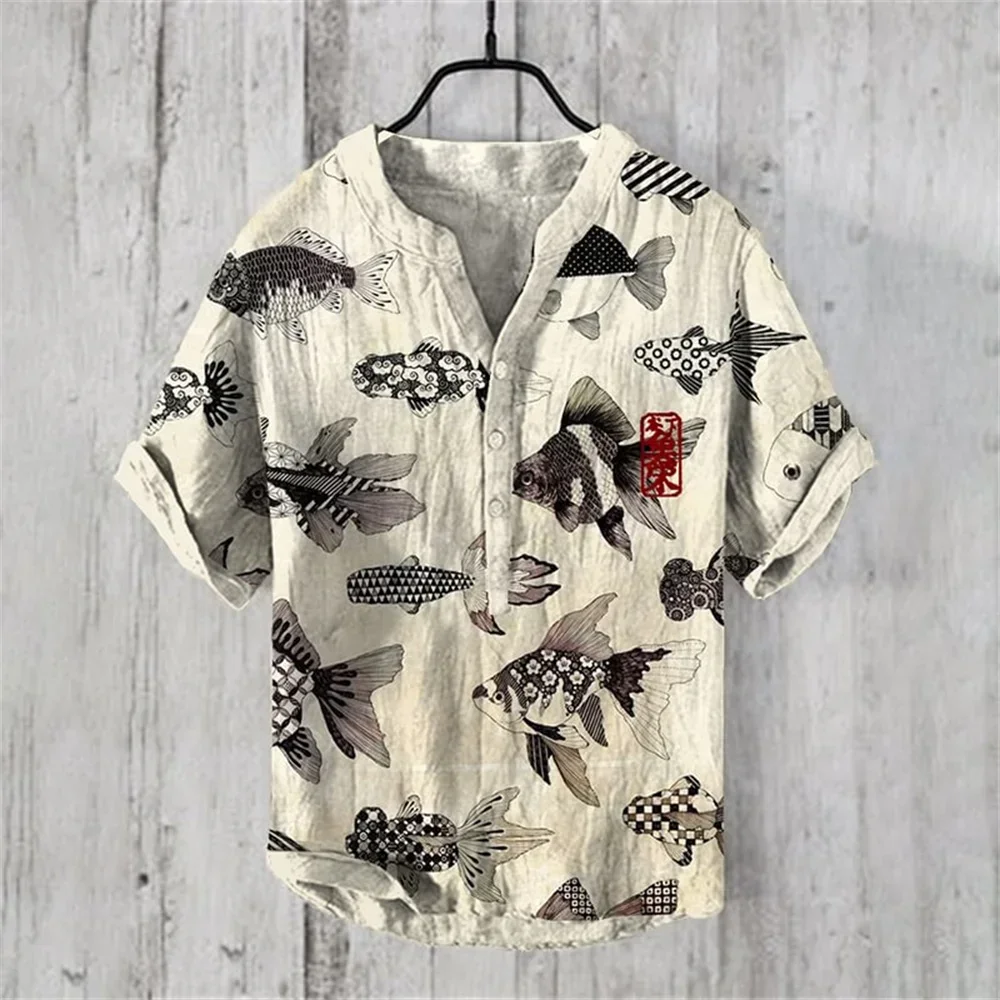 2024 men's Henry 3D printed short sleeved button up shirt, linen breathable top, nostalgic fish shirt, casual vacation, handsome