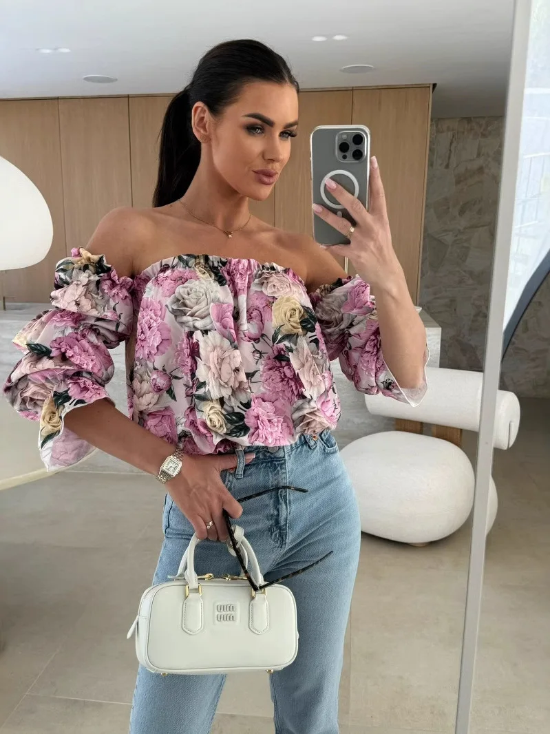 

Sexy Floral Print One-oulder Long Sve irt Women's Faion Commute Sle Casual Summer Top Chinese Origin