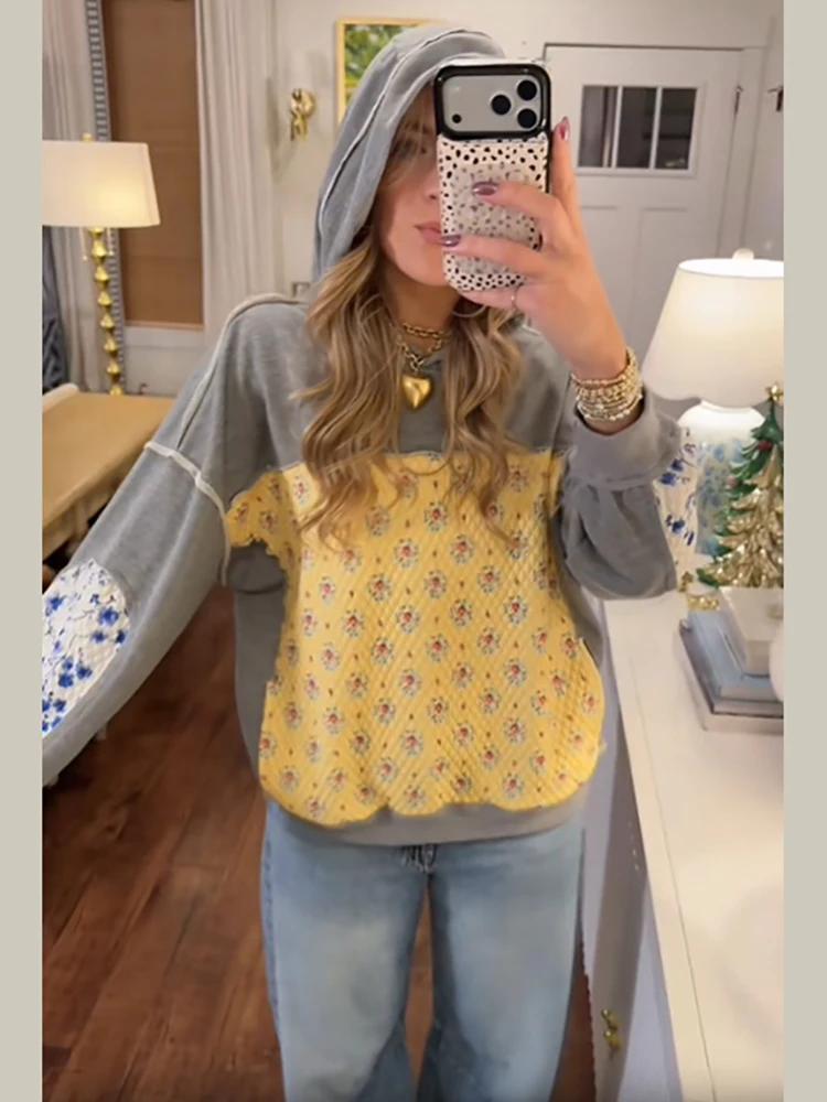 Vintage Gesteppter Blumen-Patchwork-Hoodie mit Langen Ärmeln, Kontrastfarbenem Kapuzenpullover, Boho Lässiger Lockerer Pullover mit Tasche – Detail 3