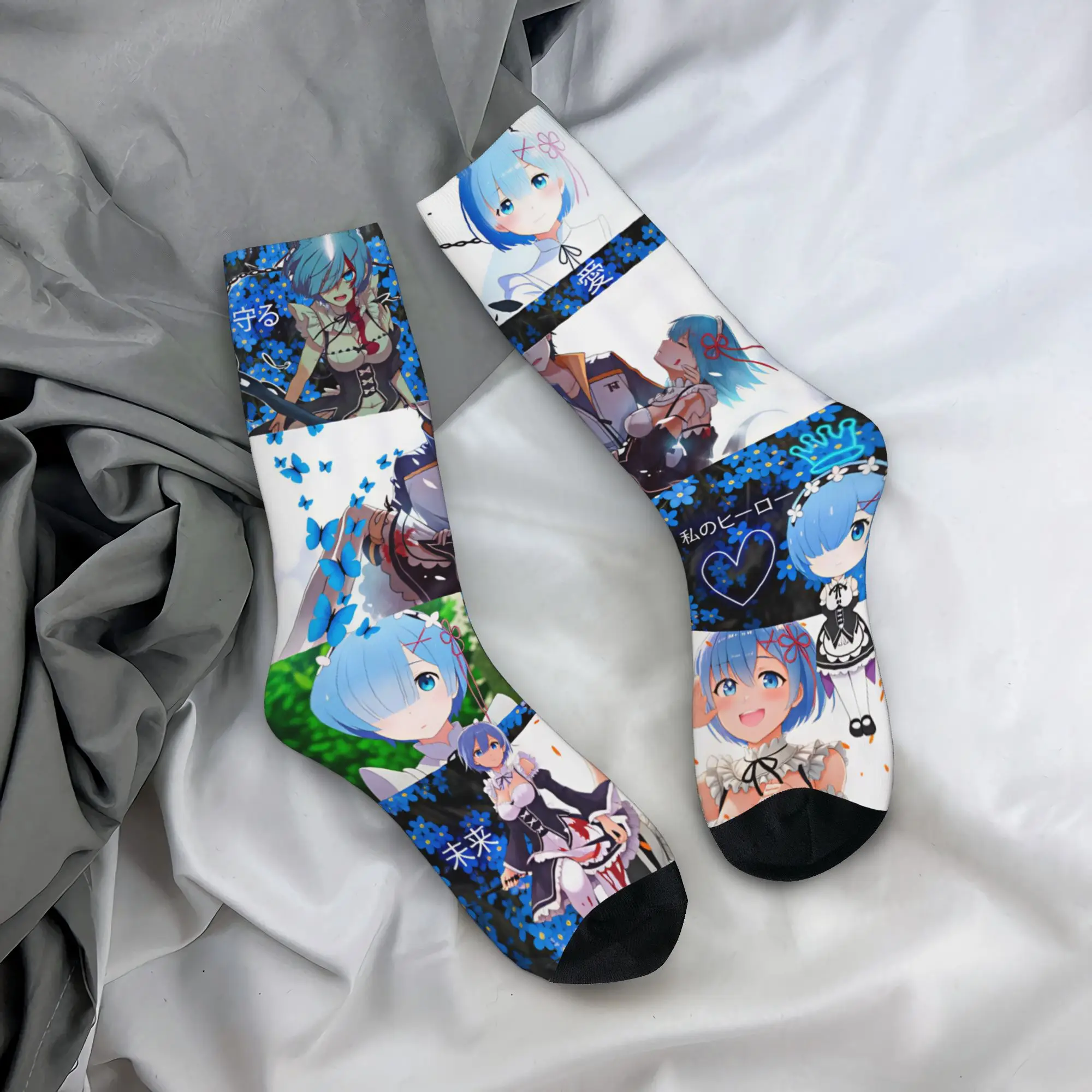 Anime Rem Emilia R-Re:ZERO Mens Crew Socks Unisex Kawaii 3D Print Starting Life in Anothers Worlds Dress Socks