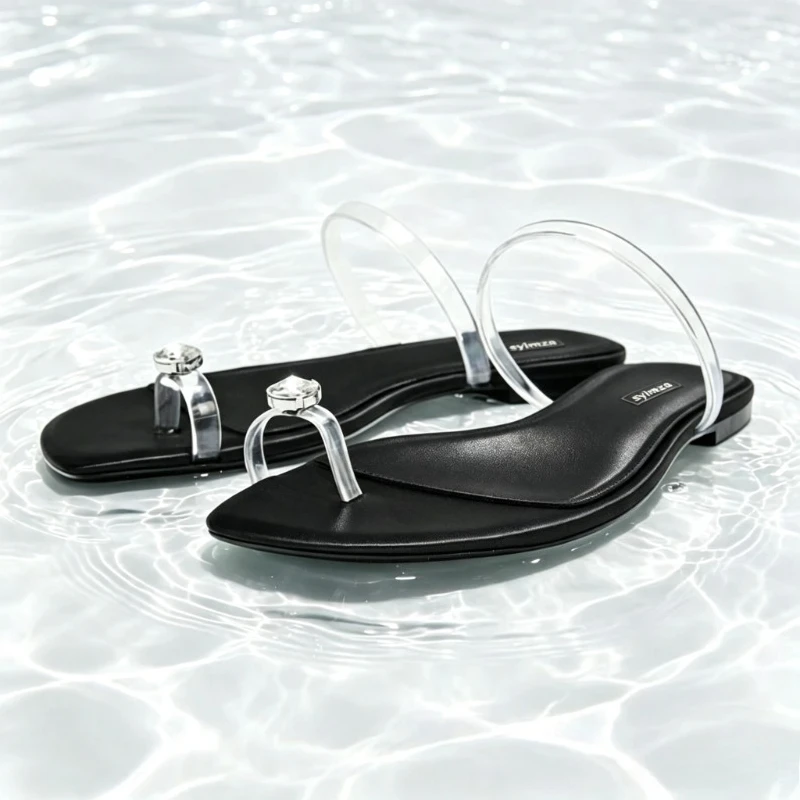 Luxury Sequin Details Transparent PVC Flat Sandals Women Sexy Round-toe Clip Toe Flip Flops Summer Elegant Women Shoes Sandalias