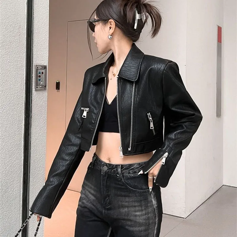 Retro Design Sense PU Leather Jacket New Women's 2026 Short Motorcycle Coat Spring Autumn Fashion Tops Casual Outerwear