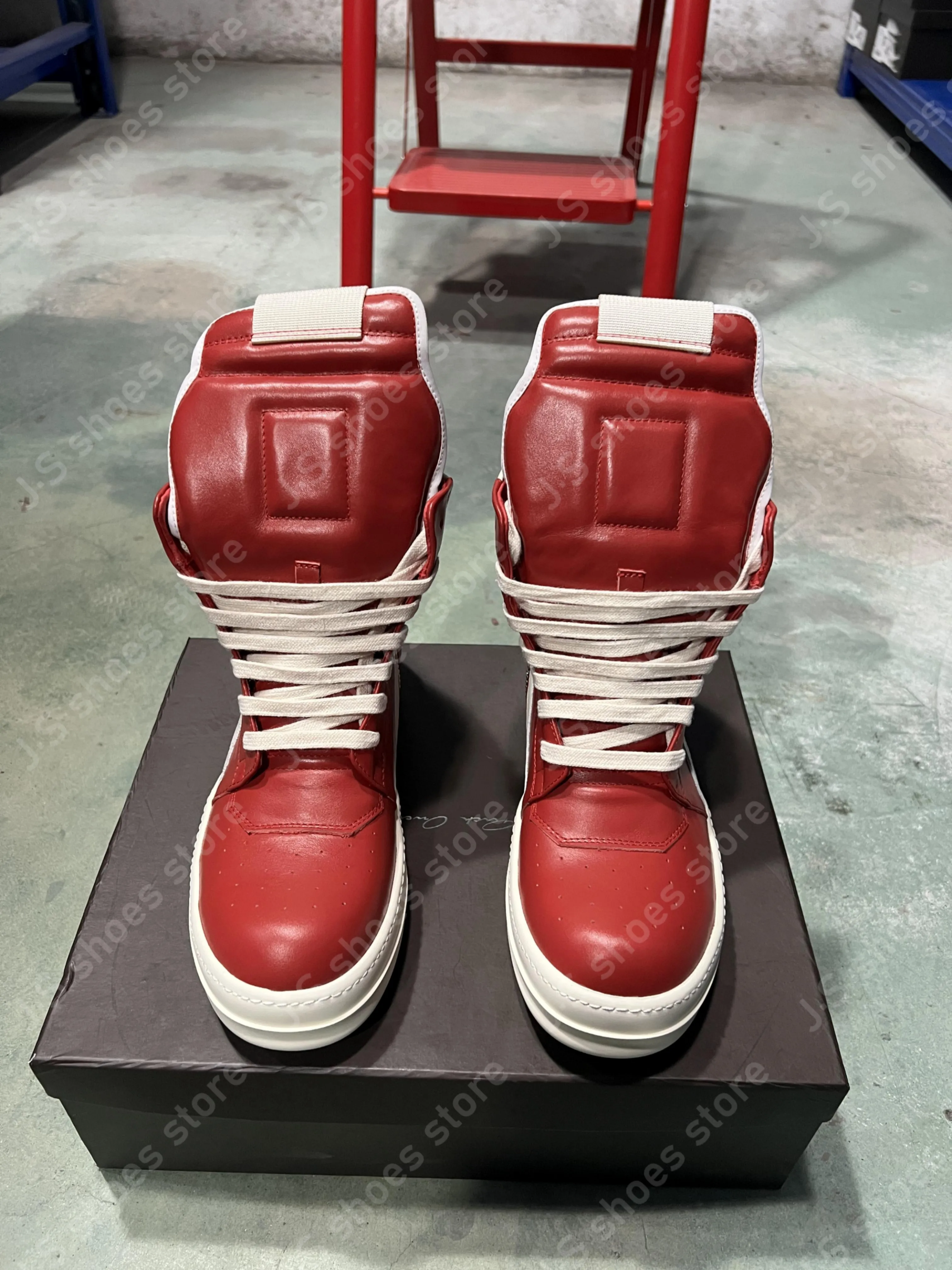 

Ro Men Sneakers Red Leather High Top Shoe Lace Up Women Casual Shoes Classic Geobasket O-wens Boots Zipper Cowhide Ankle Boot