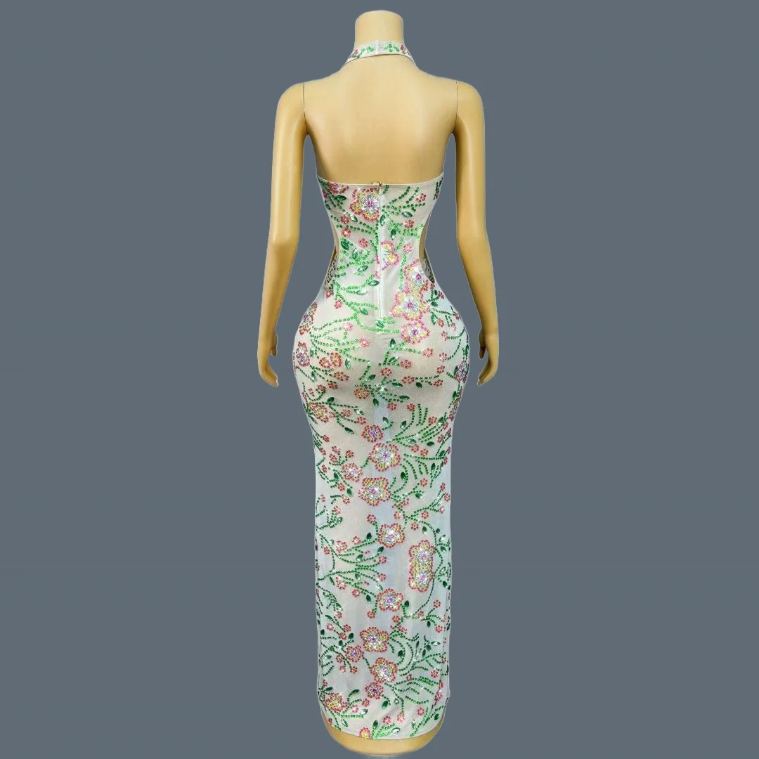 Luxury Sparkly Flower Rhinestone Sheer Mesh Evening Dress Prom Sexy Women Low-cut High Slits High-end Formal White Gown Lvhuaduo