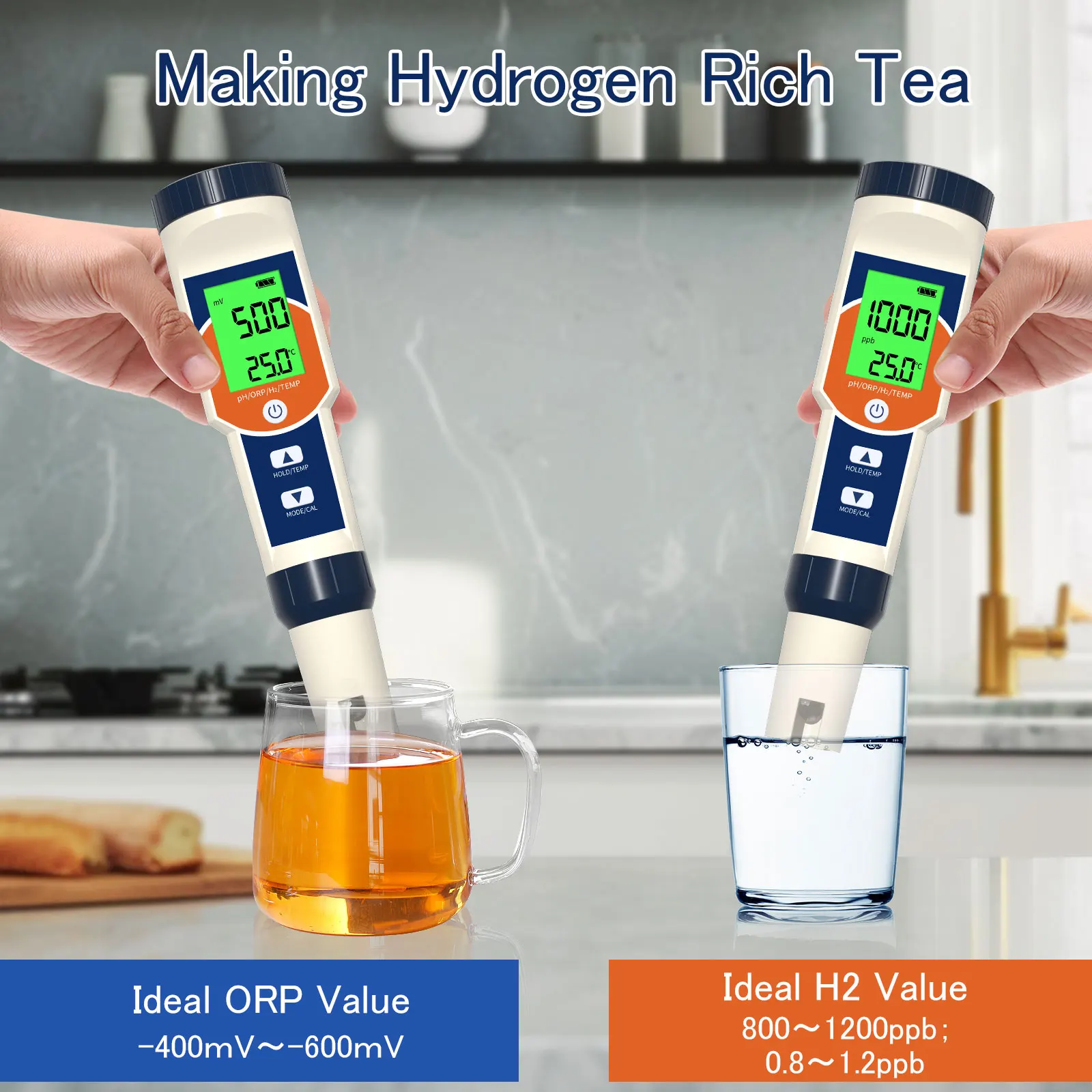 Tester digitale per idrogeno disciolto 4 in 1 PH ORP H2 Kit test temperatura misuratore ppm Analizzatore di purezza dell'acqua per acqua potabile Piscina alimentare
