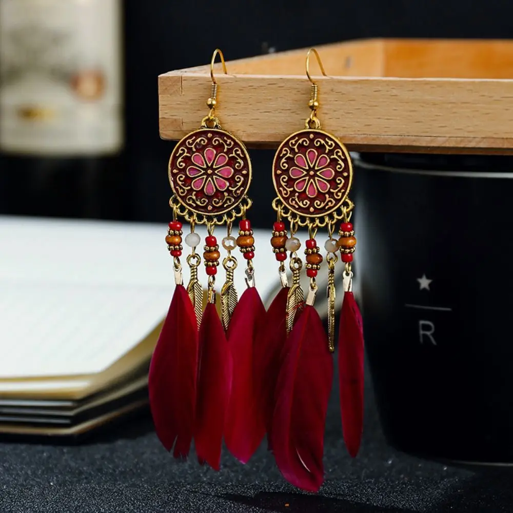 Bohemia Style Bohemian Feather Dangle Earrings Ethnic Style Bright Colors Feather Tassel Earrings Long Tassel Colorful Beads