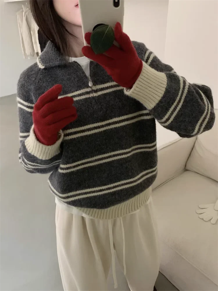 

Spring Autumn f Zip Versatile Knitwear Top Knitted Sweater Women's Loose Fit Crew Ne Pullover