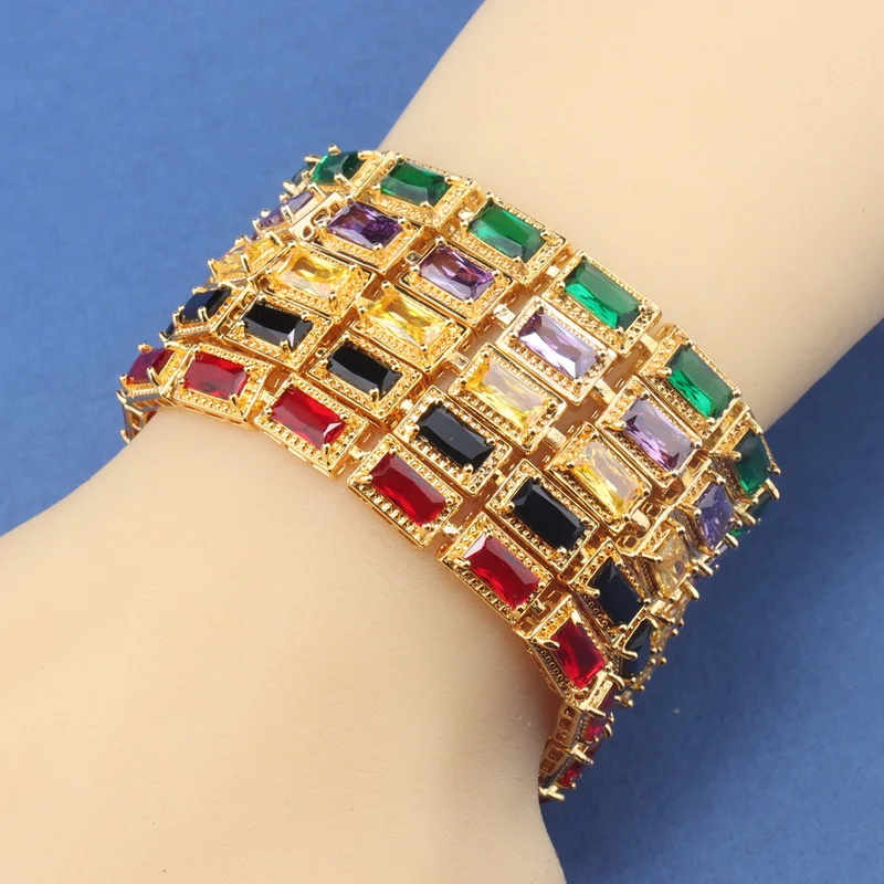 18K Gold Plated Luxury Middle East Jewelry Dubai Bridal Wedding Dress Costume Colorful Zircon Women's Bracelet Adjustable Length