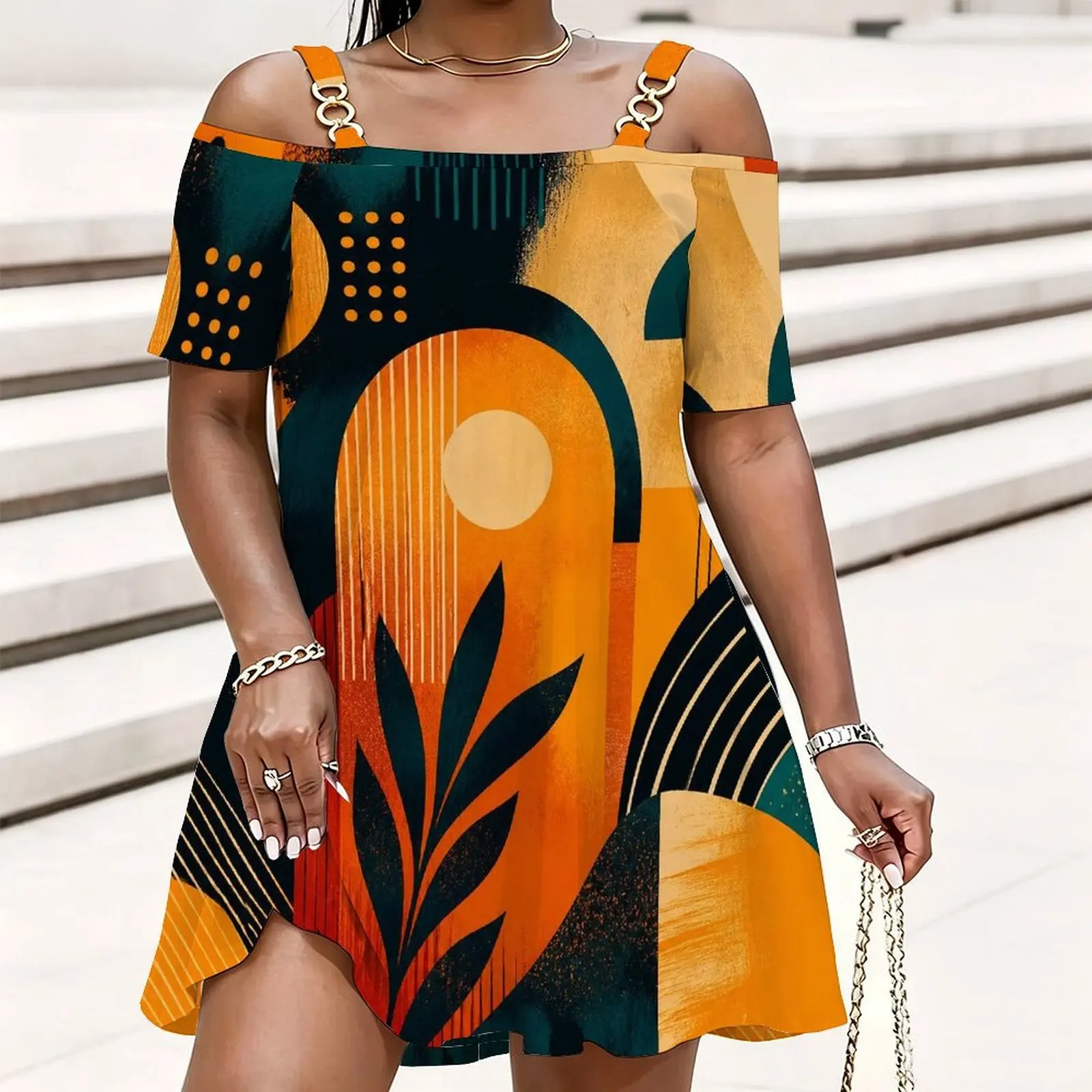 Women Abstract Marble Swirl Printed Cold Shoulder Chain Strap Short Sleeve Loose Longline Top