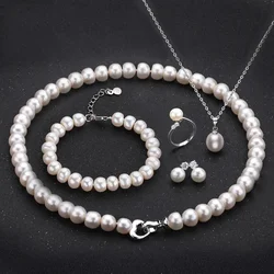 Fashion Real Pearl Necklace Sets For Women,Natural Freshwater Pearl Necklace Bracelet Earrings Ring 925 Silver Jewelry Sets