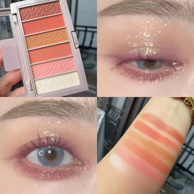Palette di strisce di ombretti glitterati a 6 colori che illuminano strumenti per il trucco degli occhi lucidi con glitter rosa opaco impermeabile