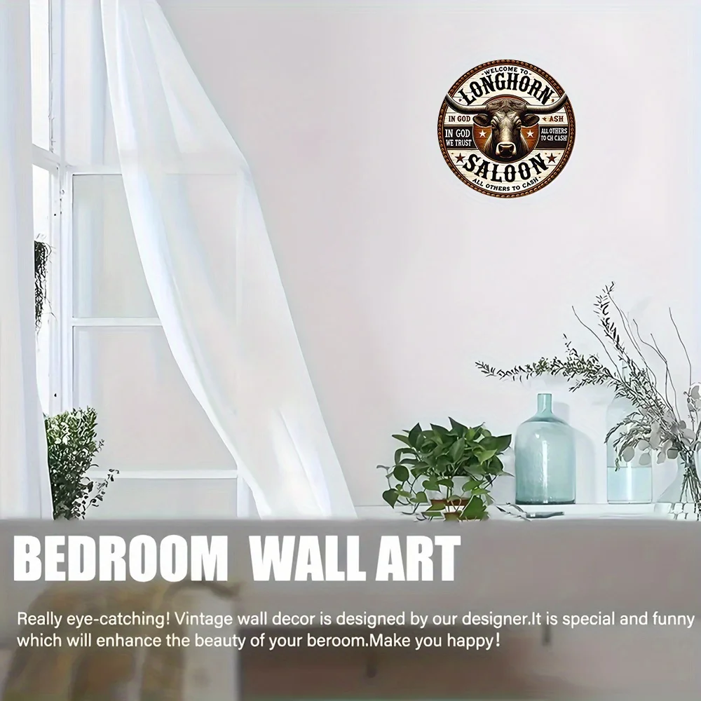 مسطح ثنائي الأبعاد - قطعة واحدة من لافتة القصدير المعدنية المستديرة مقاس 8 × 8 - فن روح رعاة البقر الطويلة، ديكور غربي ريفي مع "مرحبًا بكم في طويل #2