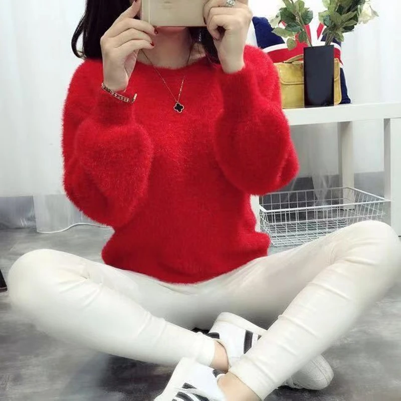 Winter Imitate Mink Wool Hot Fleecing Pullovers Solid Female Elastic Casual Sweater O-neck Long Puff Sleeve Women Knitted Tops