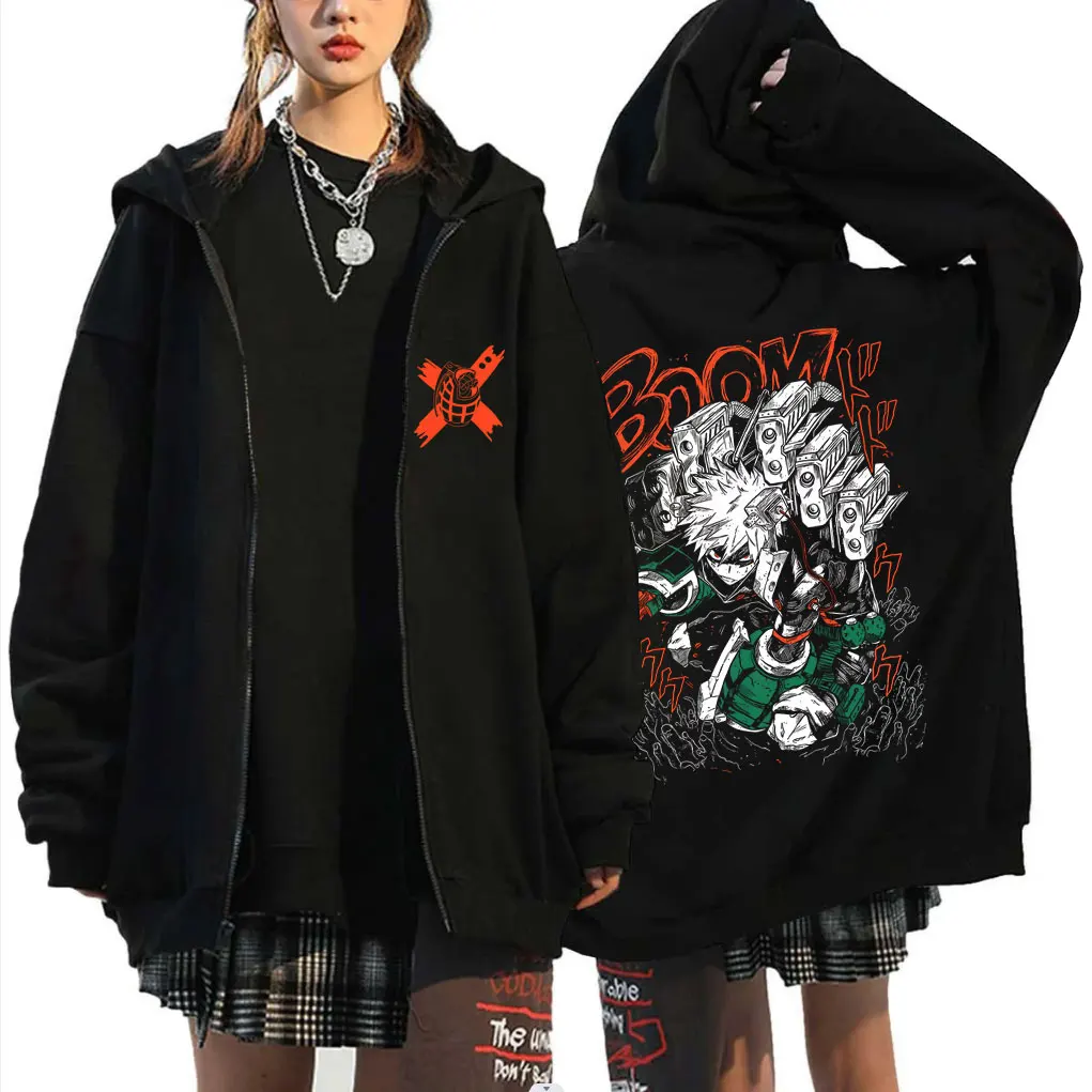 Customization Anime My Hero Academia Zipper Hoodie Cartoon Bakugou Katsuki Graphic Zip Up Jacket Men Women Manga Oversized Zip U
