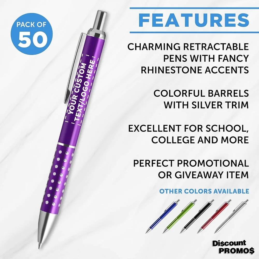 أقلام أرجوانية قابلة للسحب مع لهجات حجر الراين - 50 عبوة، وخيارات نص وشعار مخصصة، وأقلام بلاستيكية للمحترفين #2