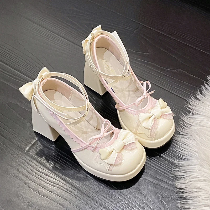 Sweet Cute High Heeled Waterproof Table Lolita Women's Shoe Bow Japanese Leather Shoes Elegant High Heels Women