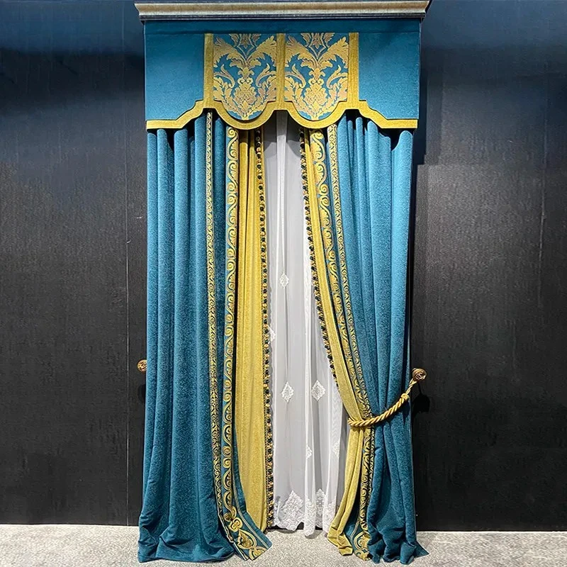 American Style Antique Blue Chenille Jacquard Thickened Splicing Curtains for Living Room Bedroom Villa Customized Products